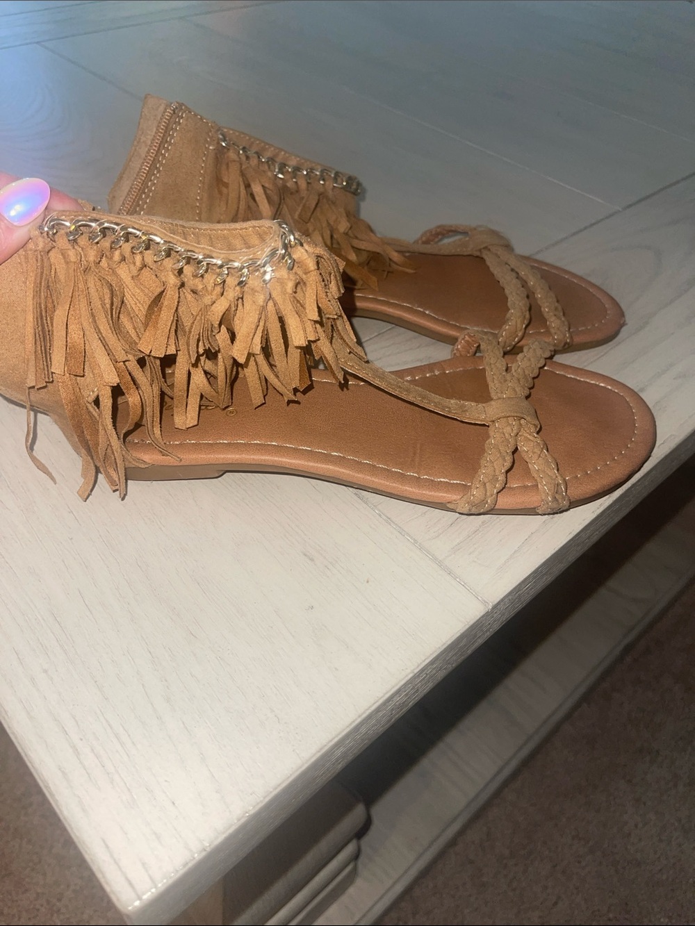 Qupid Tan Braided Fringe Ankle-Cuff Sandals